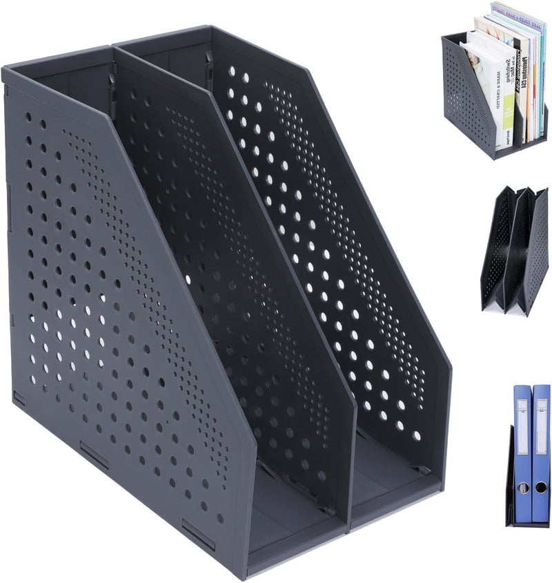 FRETONBA Collapsible Magazine File Holder with 2 Vertical Compartments Foldable Binder Holder for Desk Binder Storage Organizer Plastic Magazine Holders for Shelf, Dark Gray - Image 1